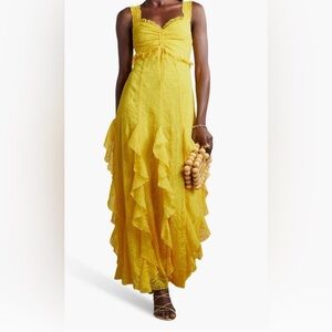 Rue Ruffle Embroidered Empire Waist Maxi Dress